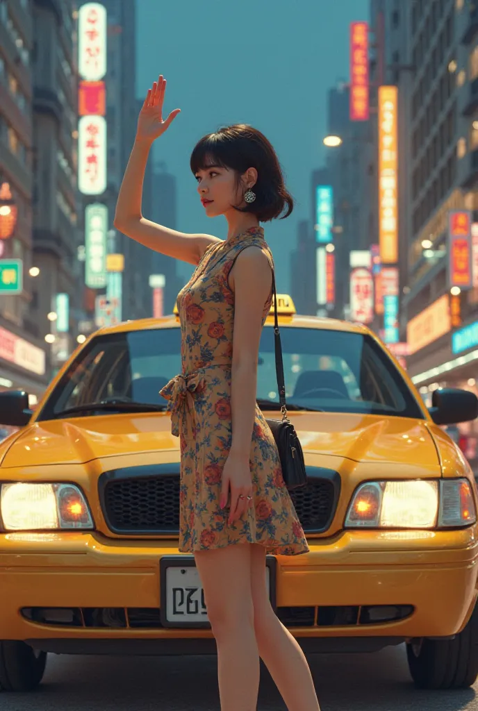 A pretty Korean girl boarding a taxi in the 90's era 