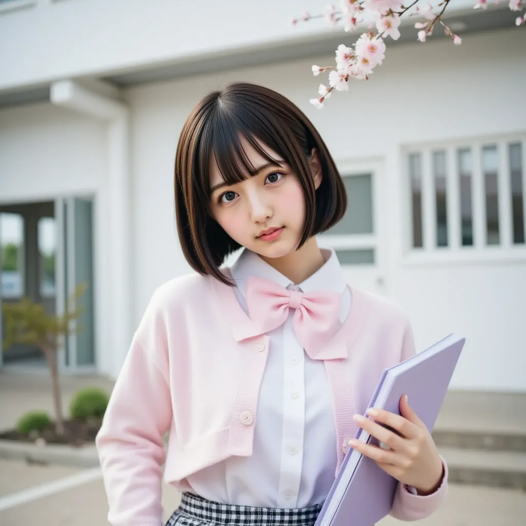 masterpiece, best quality,  cinematic photo ,  Japanese 18-year-old girl  (Short straight black hair, A bang that reaches her eyebrows , boyish, Ears sticking out, brown eyes), ( teeth : 2.0), wearing a pink and white plaid pleated skirt, wearing a pastel ...