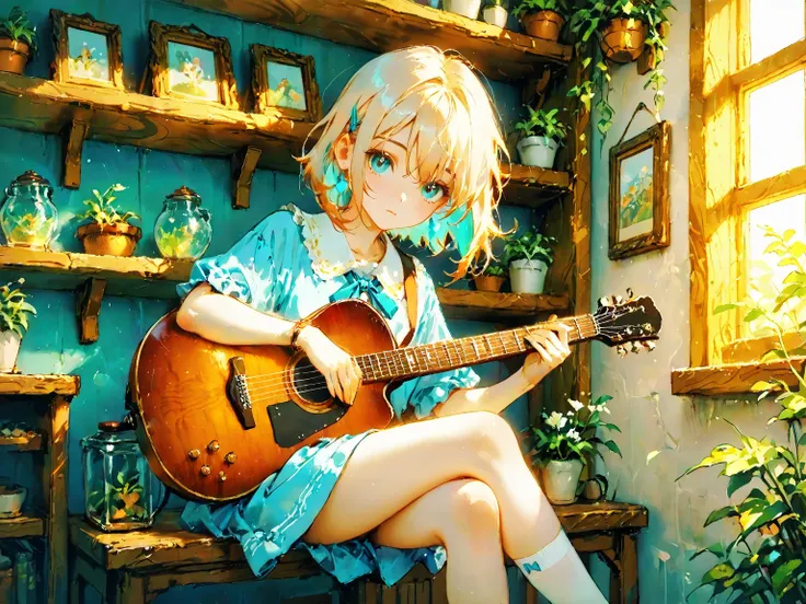 Picture of a girl sitting on a shelf and playing a guitar,  Lofi Girl , Lofi Art, Anime aesthetics, by Yuumei,  anime atmosphere , Anime aesthetics, Makoto , Lofi Artstyle,  Lofi Girl  aesthetic,  watercolor illustration style  , Lofi Color, Lo-fi art, An ...