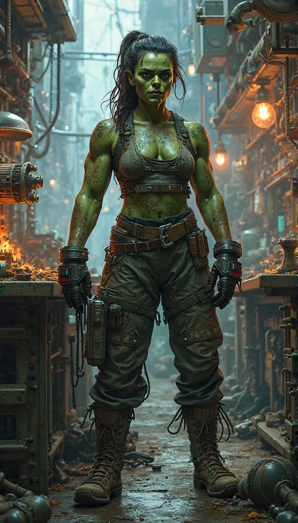 female orc mechanic cyberpunk photorealistic