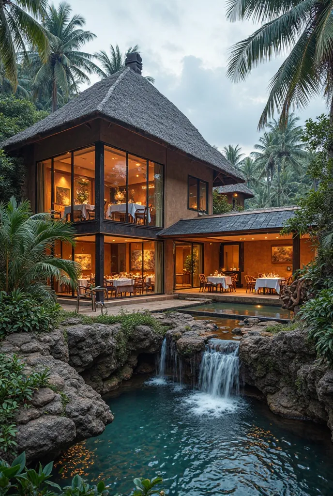 Sri Lanka wall mud roof design coconut tree michelin star restaurant Inside lights view INSPIRATIONAL WATERFALLS Pool rock stone 