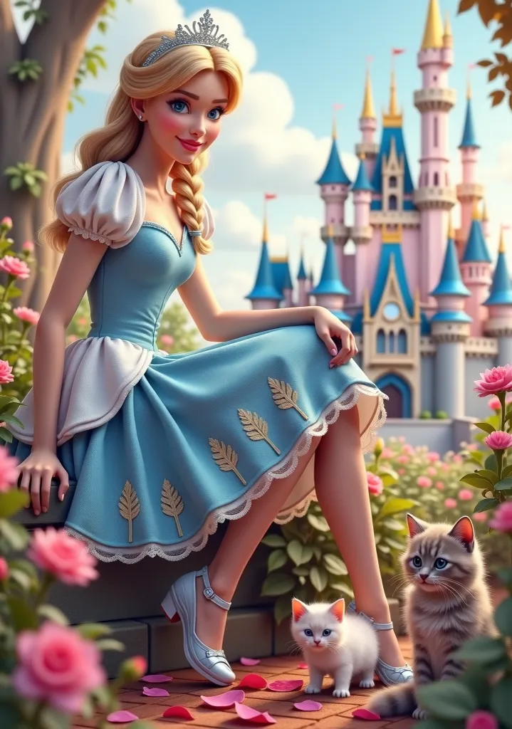 this character needs to dress up like Cinderella, braids and crowns, sitting in a very beautiful garden with the princess&#39;Castle in the background. kittens may also exist, Playing with leaves in the garden. 