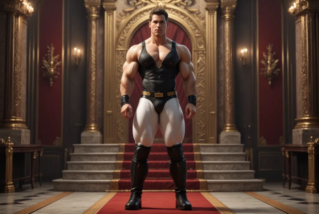 full view full body,  Two muscle types, in royal uniform tight, thin white tights, tall and thin black boots, Standing in the throne room 