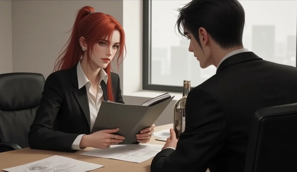 in a meeting room, Elena, an 18-year-old girl with red hair, hands a file to Aaron, a 25-year-old boy with black hair, who is wearing a black suit..  They end up there . Gros plan sur leurs mains, avec leurs regards en arrière-plan, Expressing an emerging ...