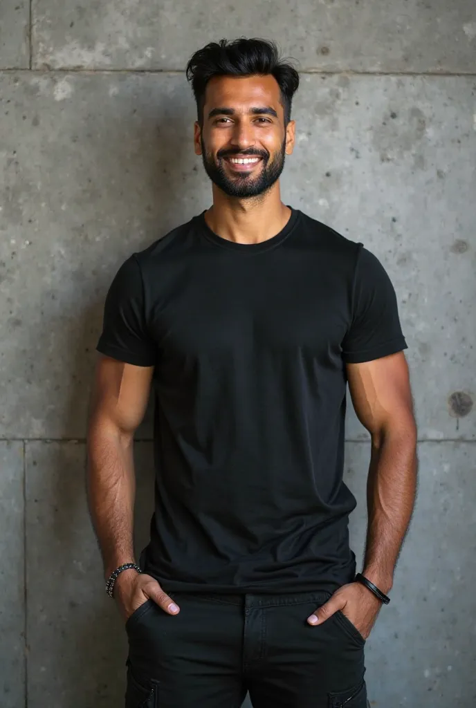 A tall, fit indian young man with a muscular build, short, wavy black hair, and a well-groomed beard. He has a warm, friendly smile and is wearing a plain black fitted t-shirt and black cargo pants. His hands are casually placed in his pockets, with a brac...