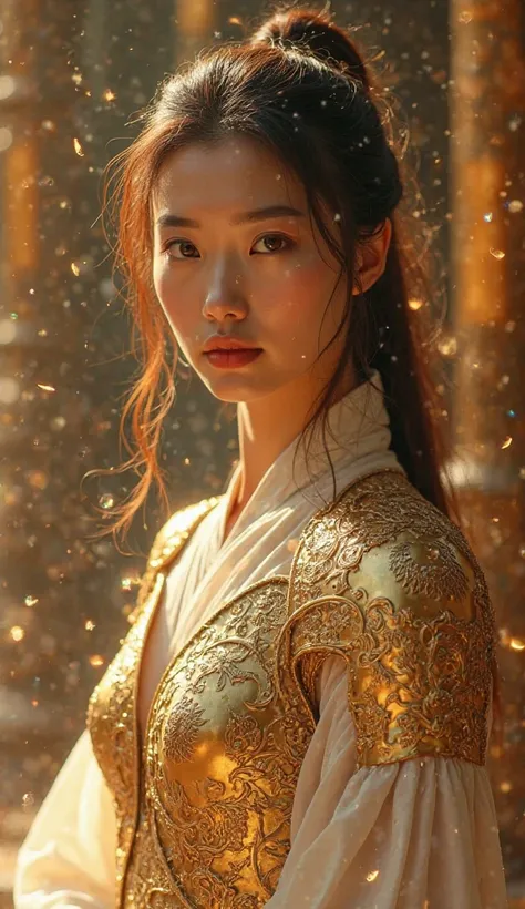 Elegant Feminine,Koreans,brown eyes,Long Hair Brown Ponytail,Goddess Appearance,ชุดเกราะGlowing Gold,English Letter"A D C"Glowing Gold,Beautiful Goddess,Backgammon Scene,wore, fantasy,highly-detailed,cinematic,dramatic lighting,intricate armor,glowing gold...