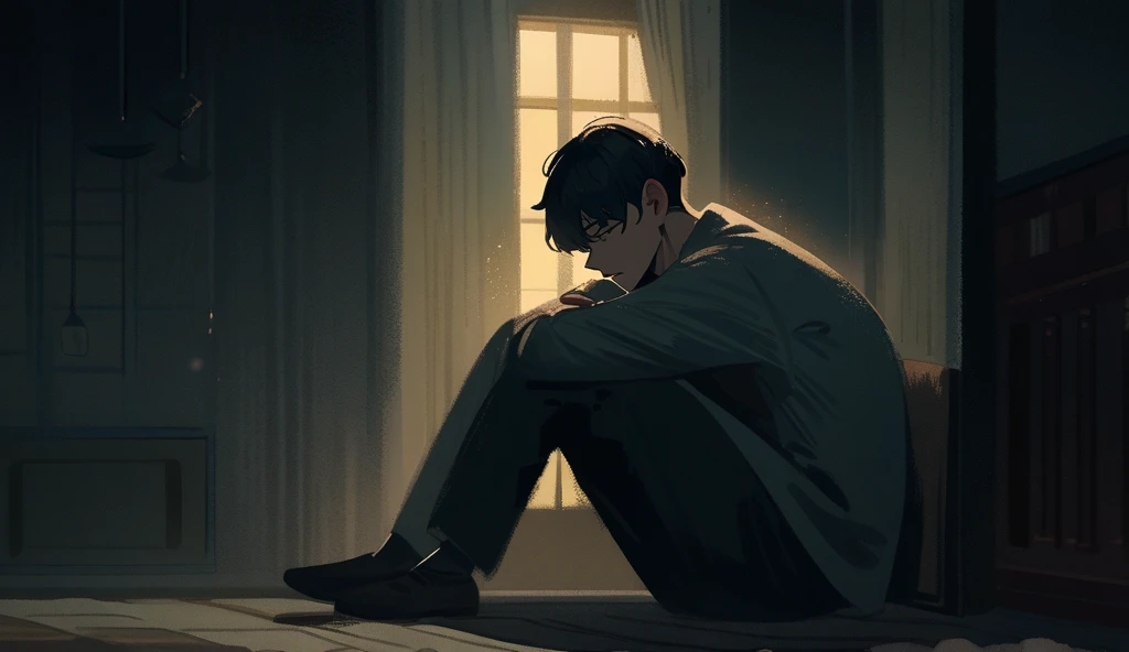 A man is in a sitting position hugging his knees, sad, dark atmosphere, no lights, only moonlight shining into the anime room.