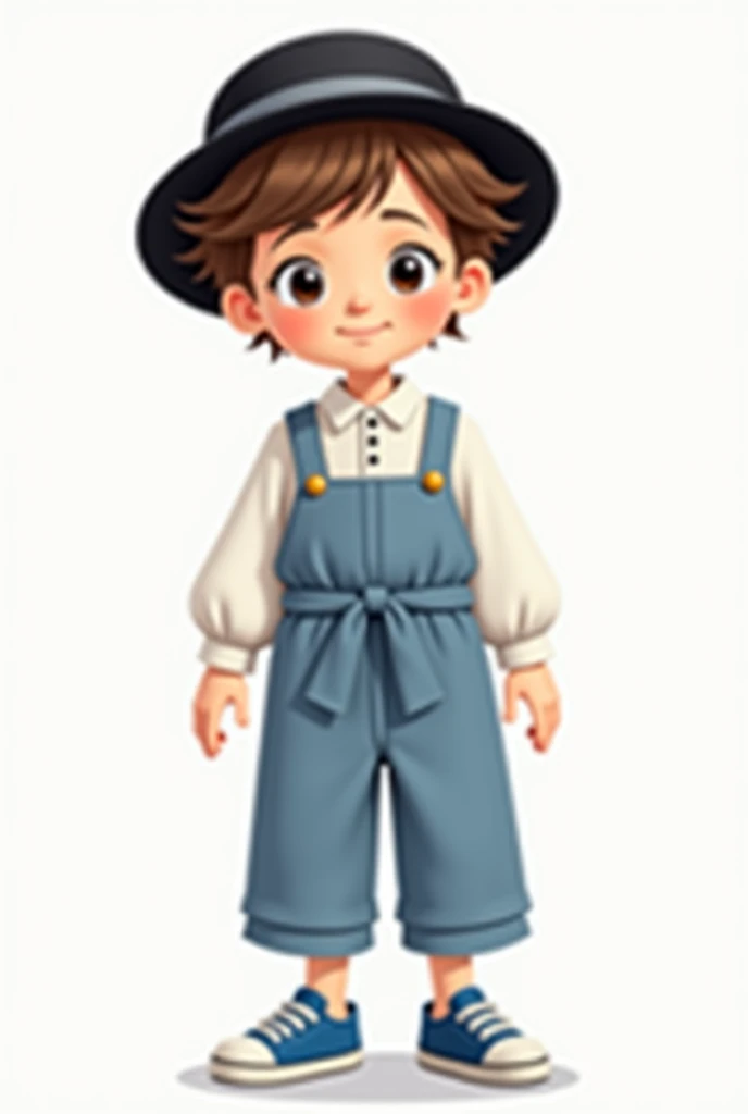 White boy with messy brown hair, with a black hat, black eyes, a white blouse with a long sleeve up to the elbow with a planter that is tied around his pants in a light blue color and with blue sneakersWhite boy with messy brown hair, with a black hat, bla...