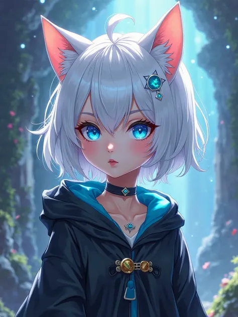 1girl, young, white hair, blue eyes, adult, cute, cat girl, cat ears, short hair, mage, black mage clothing, RPG, fantasy, masterpiece, best quality, nice body