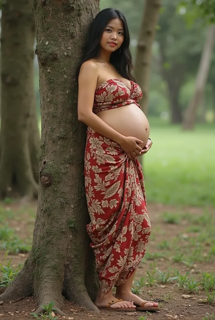 an acehnese woman standing next to a tree, facing camera, wearing brown slippers, inspired by Jan Rustem, sumatraism, sfw huge breasts, panorama, metart, wearing sarong, pregnant, full body view, 