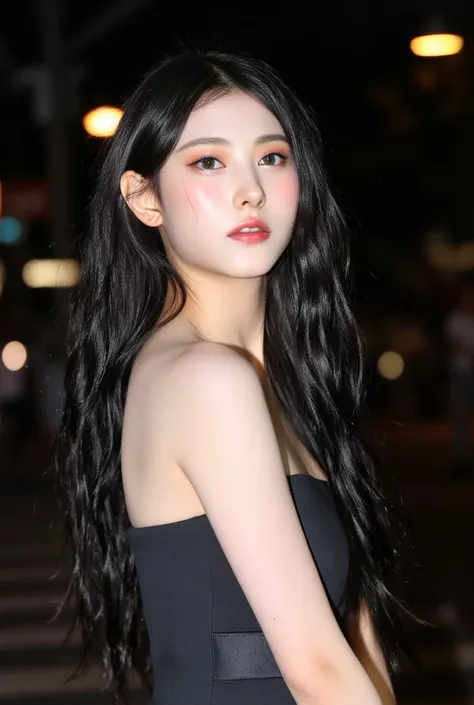 (medium full shot), Beautiful Korean woman with natural makeup,   natural lips  , wave hair,   strapless tube dress ,   Night City Background  ,  natural light, dslr , soft writing, high quality, film grain, light reflection,   blood vessels, pale skin,   ...