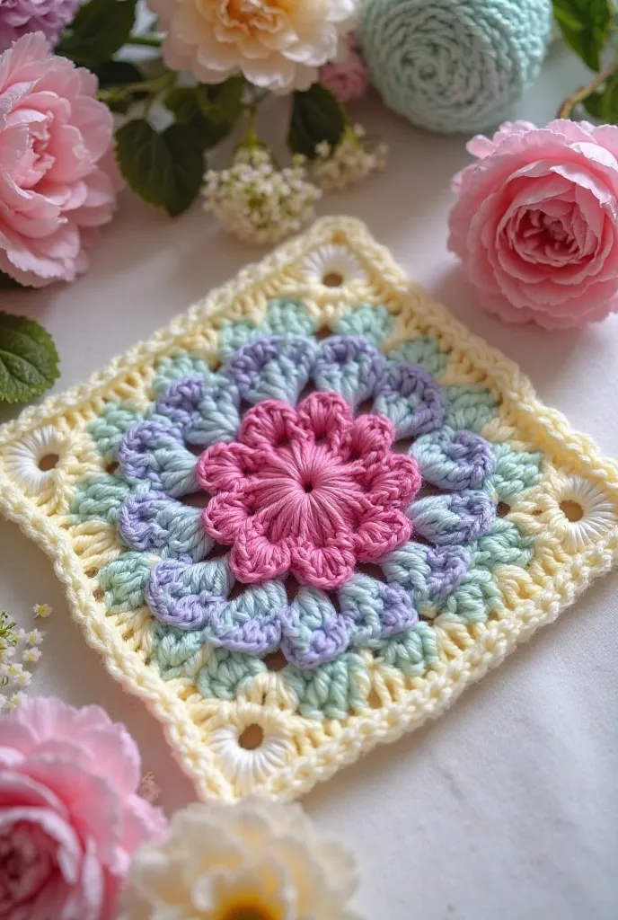 Photograph of a granny square crochet top with fuchsia center, first lilac ring, second mint green ring, third pastel yellow ring and border/white base. Bright scene with flowers and spring elements, soft threads and delicate details that highlight the flo...