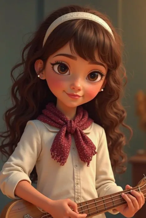 Personagem da Disney,  six years old, Long curly hair, no bangs, light brunette, black eyes, big eyelashes, wearing white button-down blouse and collar , with a burgundy neck scarf tied at the front with a white arganel,  playing