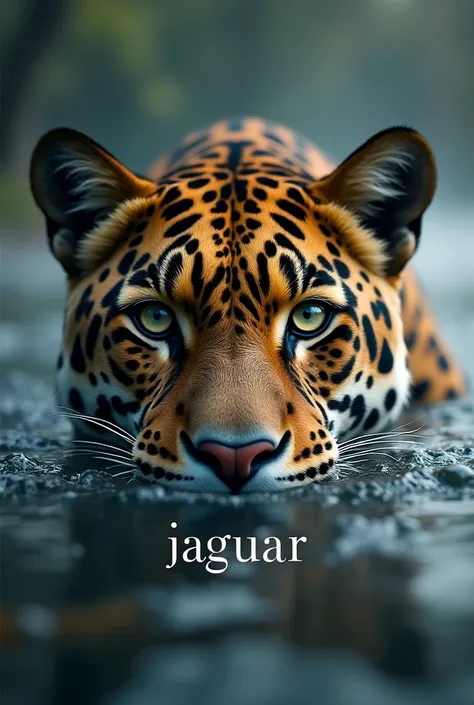 An image with 2.560 x 1.440 pixels, com uma jaguar dentro da agua mostrando so o olhar dela Bem impactante  e realista e escrito no meio da foto " jaguar"