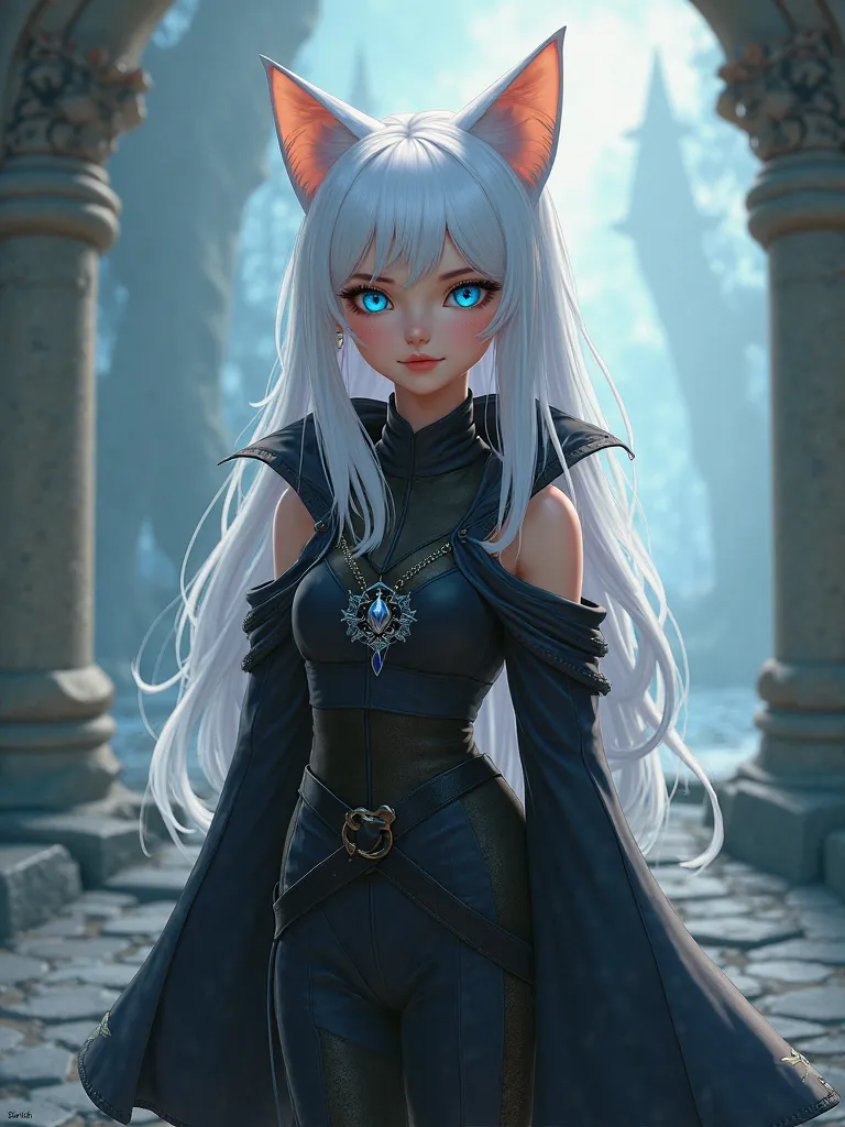 1girl, young, white hair, blue eyes, adult, cute, cat girl, cat ears, short hair, mage, black mage clothing, RPG, fantasy, masterpiece, best quality, slim body, nice body, nice chest