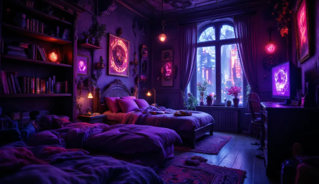 A high-resolution digital image of a bedroom with a wooden bookshelf and a wooden desk, a desk made of wood and a computer placed inside the bedroom and with a glowing purple face clip placed in cyberpunk style, 3D animation, the elements are all neon.