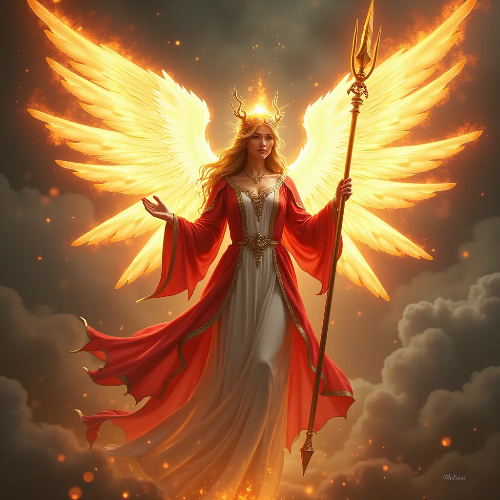 Seraphim, which has 6 pairs of wings on its back and is illuminated by a celestial body ,  a visual representation of a majestic Seraphim illuminated by celestial bodies , The high-resolution ,  wears a red robe adorned with silver and gold accents .  has ...