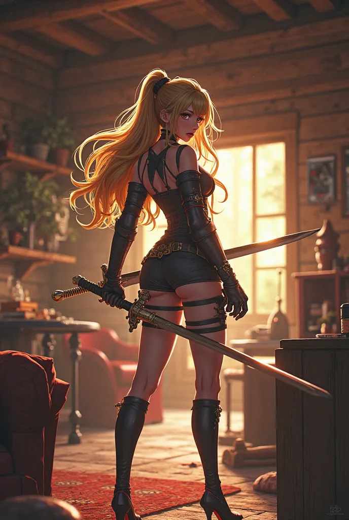 anime woman, gold hair holding long sword in the cabin