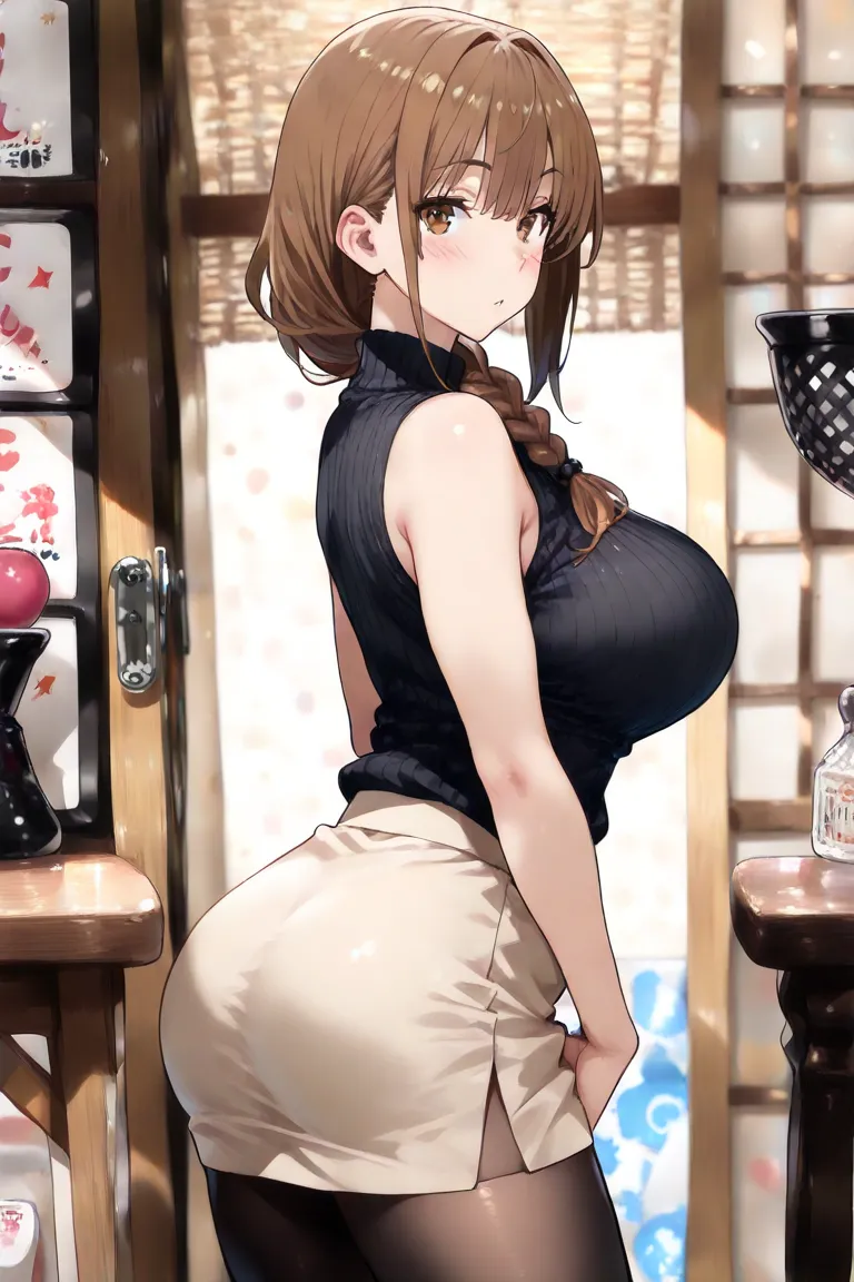 (masterpiece), ((((best quality)))), カウボーイショット, from the right side, 1人の女の子, looking at viewer, brown hair, side braid, bangs, hair over shoulder, brown eyes, ((lage breast)), ((thicc legs)), black sweater, sleeveless, Beige skirt, tight skirt, black tight...