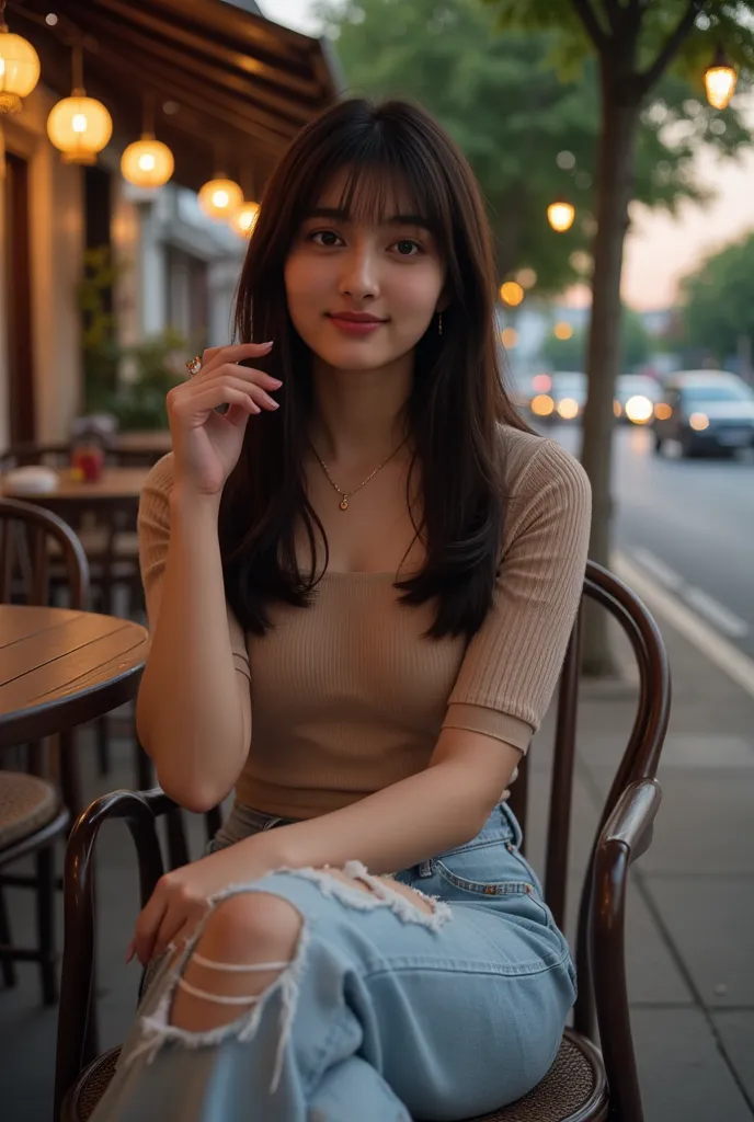 A young woman with long black hair sitting casually in an outdoor cafe at dusk. He wore a neutral crop top and torn jeans, with an elegant pose - one hand touched his face and one leg raised on the chair. His expression is calm and elegant, with warm light...