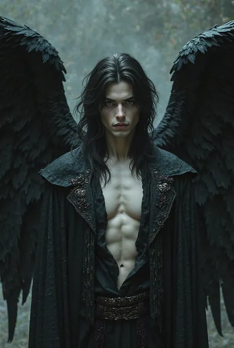 Handsome fallen angel. Pale skin. Dark medium length black hair. Grey eyes. Black wings. Muscular build. Lean muscled body.