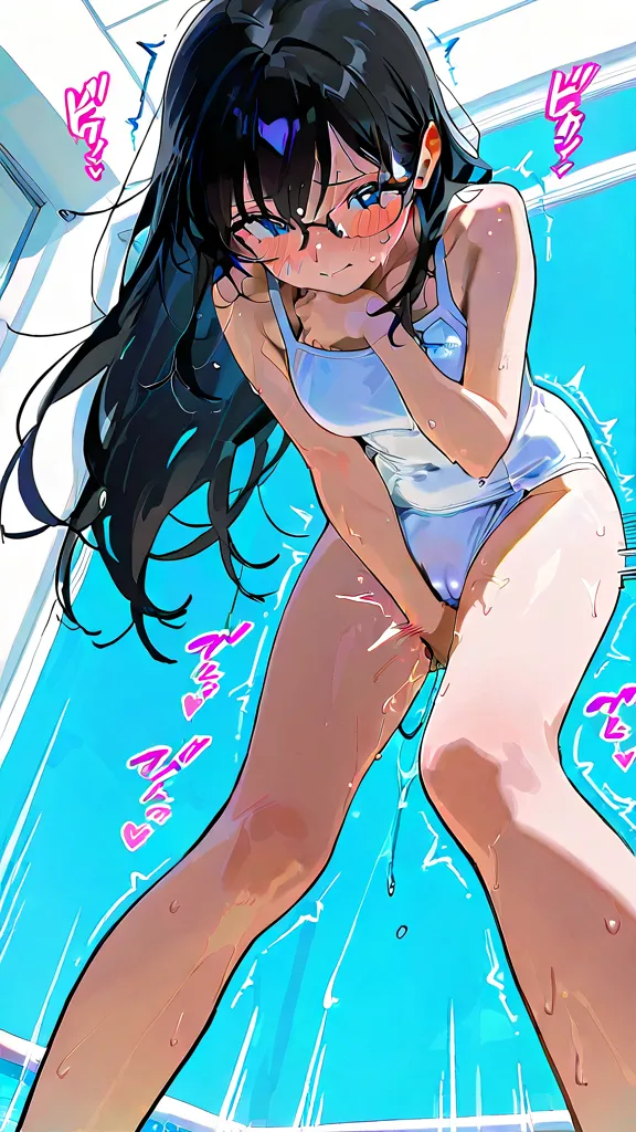 anime - style illustration of a woman in a white school swimwear, anime character, official character art, full body, female anime girl, (black hair:1.5), (sweaty:1.2), glasses, cameltoe, by the school poolside, (leaning forward:1.5), looking at viewer, (f...