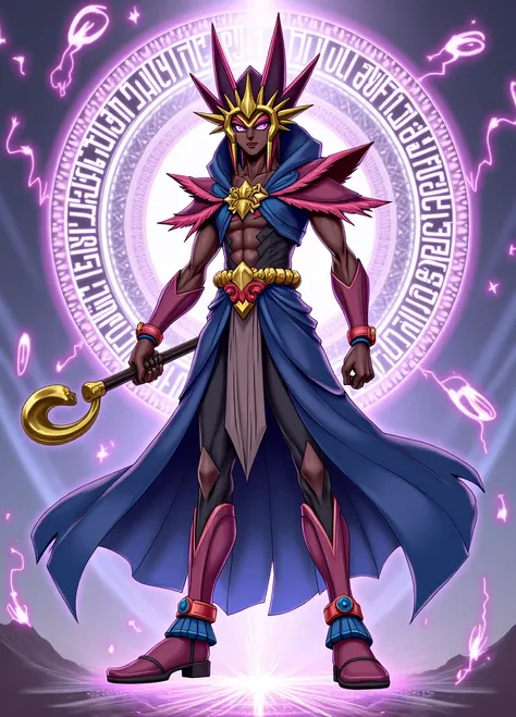 YU-GI-OH carte monstre, le magicien de lumière dans un style de peinture anime Yu-gi-oh duel Monster , anime YU-GI-OH Duel monster, image détaillée, homme, teint sombre égyptien.