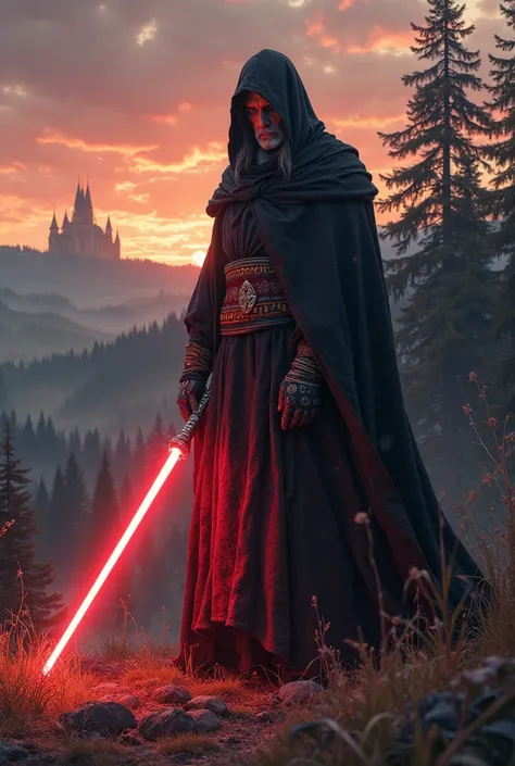 Sith lord as country czech republic, tradicional, red lightsaber, dusk, 