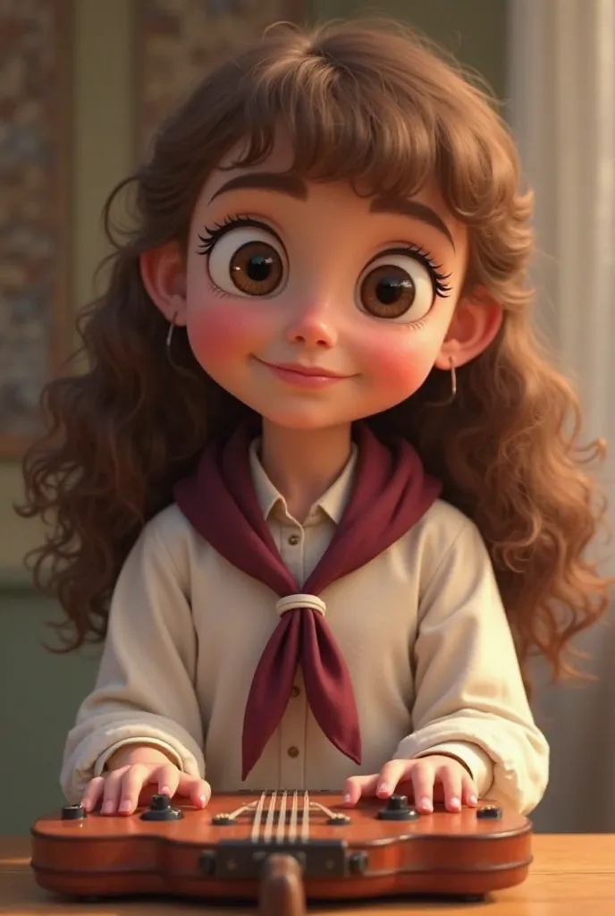 Personagem da Disney,  six years old, long curly hair, no bangs, light brunette, black eyes, big eyelashes, wearing white button-down blouse and collar , with a burgundy neck scarf tied at the front with a white arganel,  playing