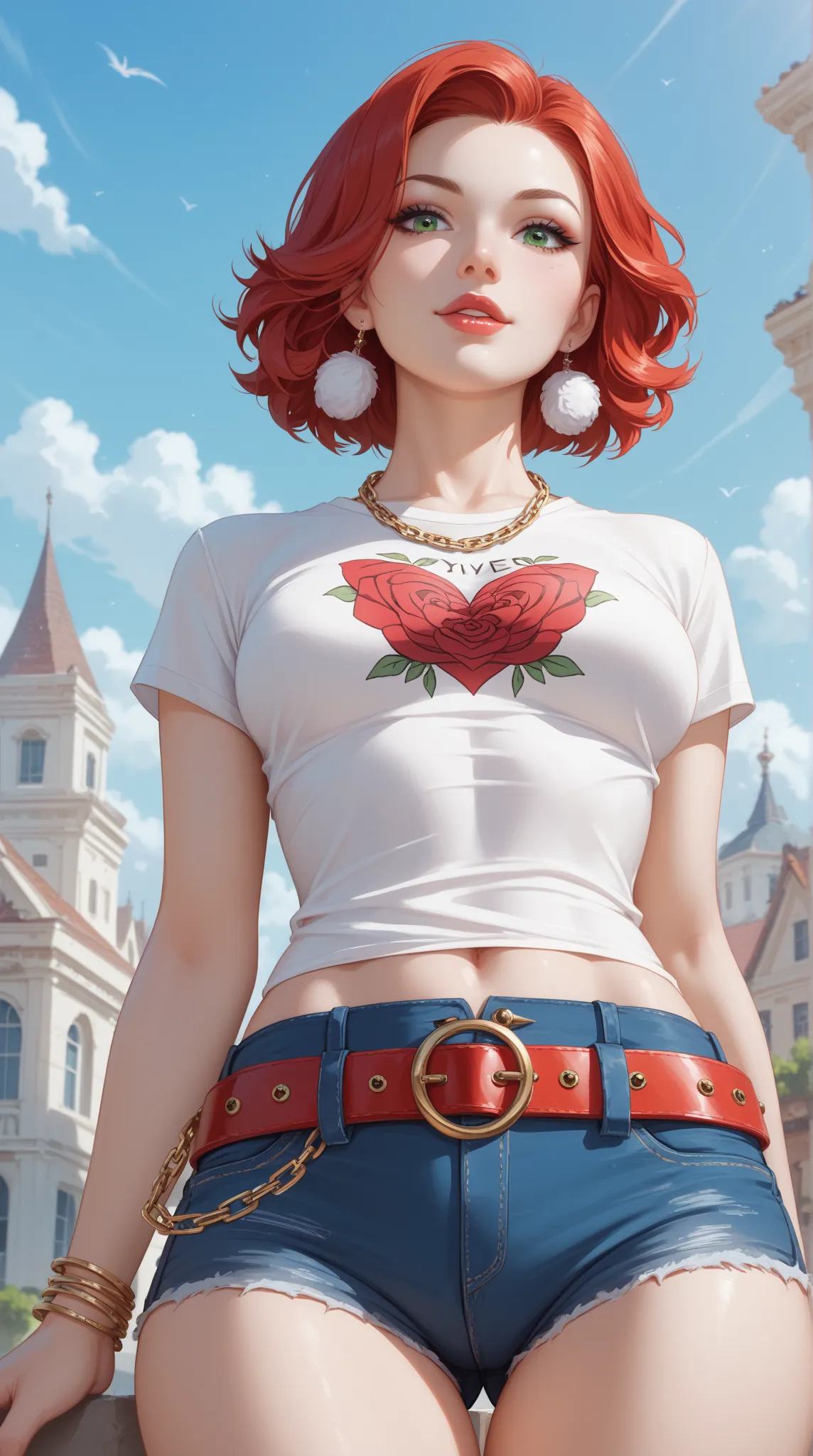  Young woman、  Lip gloss、 Orange-red hair, Medium length hair、  with emerald green eyes、 White skin 、 Sexy plump figure、 pattern, short jeans with a waist below the hips,  Fur Tassel Hanging Chain Belt、y2k、2000s Fashion 、White round neck t-shirt with, Slim...