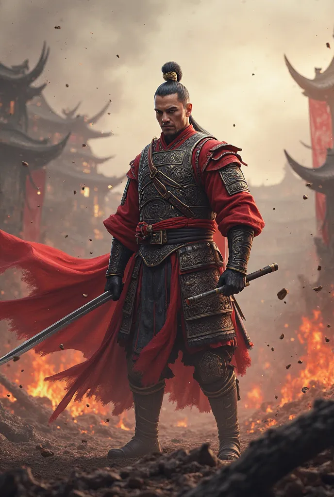 A game poster with a high-resolution image of an ancient Chinese warrior. The warrior is standing in a battlefield with burned buildings in the background. The warrior is wearing traditional Chinese armor and holding a sword. 