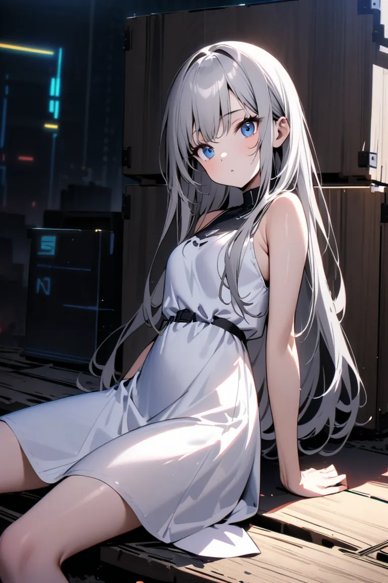 Gray Hair　long hair　White Dress　sleeveless　Blue Eyes　　cyberpunk style　Wooden box　Wooden boxに背もたれして座る　Beautiful Girl　Beautiful Girl一人　　slender on the background　　sitting on the ground