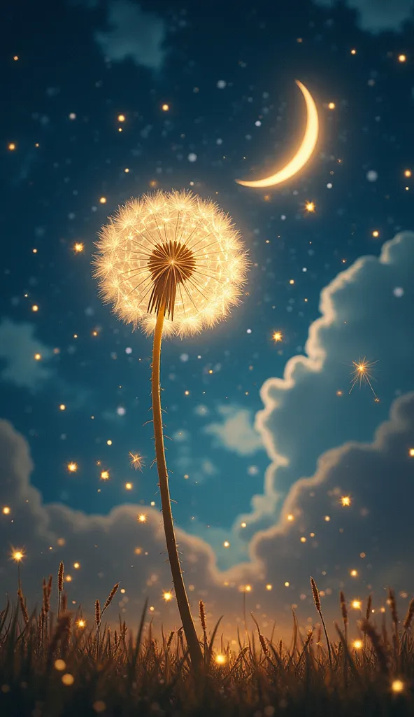 A breathtaking fantasy scene of a glowing dandelion in a dreamy night sky. The delicate dandelion seeds, illuminated with golden light, float gracefully into the starry night, leaving behind a trail of sparkling dust and tiny twinkling stars.
The sky is a ...