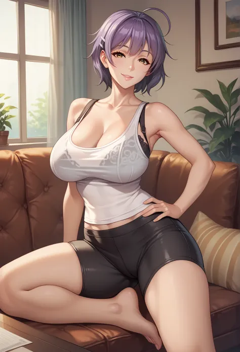 yoshizawakana, solo, looking at viewer, smile, (large breasts:1.4), shirt, bare shoulders, brown eyes, underwear, collarbone, cowboy shot, ahoge, shorts, barefoot, bra, hand on hip, short shorts, black shorts, tank top, black bra, bike shorts, (mature woma...