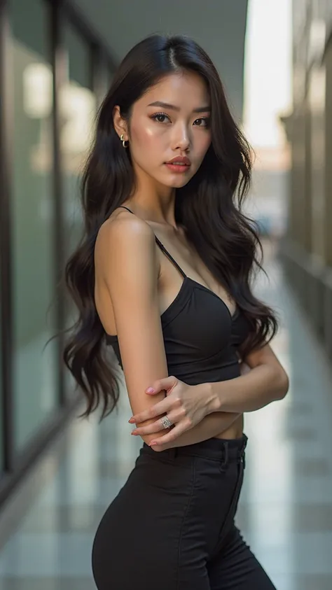 "A highly detailed, ultra-realistic full-body photograph of a stunning Vietnamese idol model, 20 years old, with a mesmerizing presence. She has a perfectly symmetrical V-line face, large expressive eyes with long curled lashes, a delicate high nose, and f...