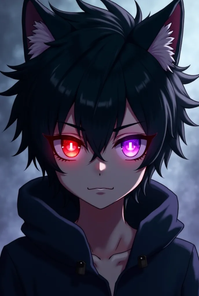 Anime boy with dark black hair,textured wolf cut,left red eye,purple red eye,both glowing,one eye closed