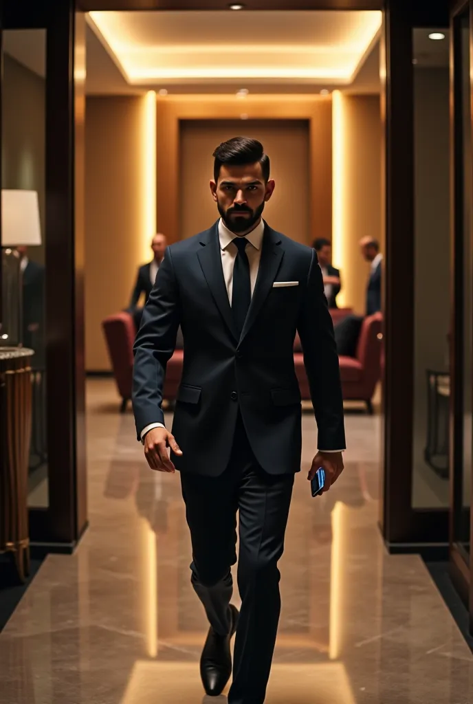 (Slow-motion entry] Virat Kohli walks confidently into a stylish room, holding his phone.