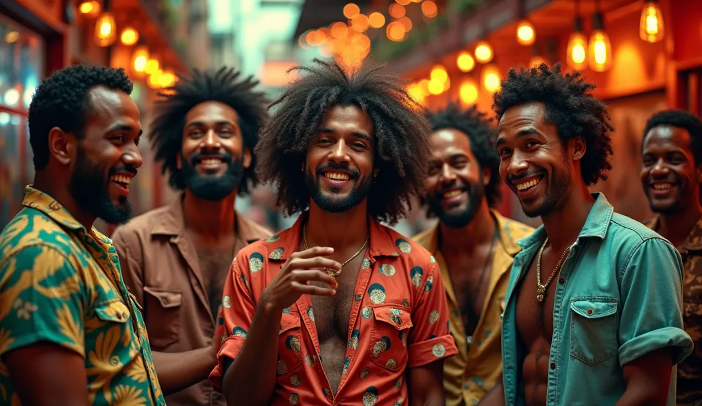 An image 16:9, 6 bar singers (Brazilian bar, Brazilian cheesy style, tacky) 3 busts of a man on top, 3 busts of men below ( album cover style , tacky) Two men are brown, three are white, a black man