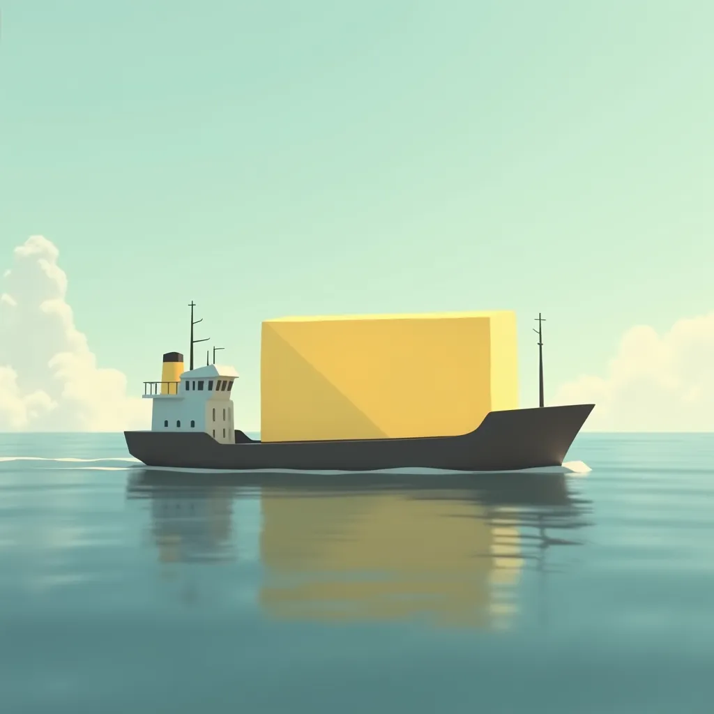 A very simple cargo ship with a huge piece of butter in the ocean, minimalistic