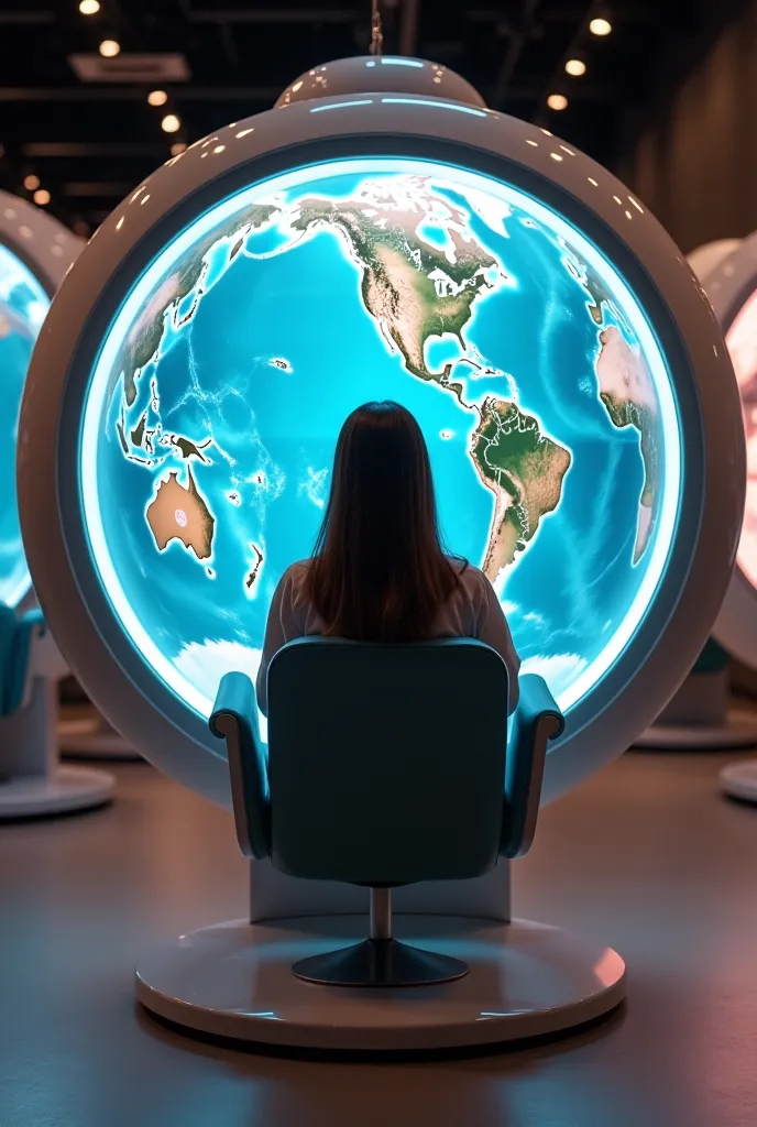 Generate a hair salon or robotic seats with a sphere where people insert their heads, their heads and into the armrest there would be a screen with all the corners of the world and seats sold in windows the sphere looks a bit like the same machine used by ...