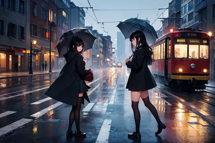 High image quality, high resolution, smooth gradation, vivid colors, a black cloak, a black student uniform, black stockings, black lace-up shoes, black hair, a high school girl, Winter, dark sky, old town, wet road surface, large snowflakes, paved street,...