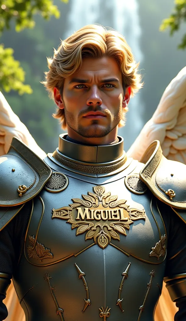 A majestic Archangel Michael wearing silver armor with intricate gold details.  In the center of the chest , the name 'Miguel' is elegantly engraved in golden letters, surrounded by divine ornaments that recall sacred leaves and symbols. The armor shines s...