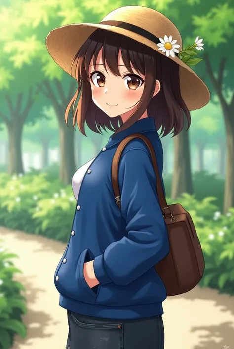 chef-d'œuvre, meilleure qualité, 8K, chef-d'œuvre: 1.3
Femme brune anime, retour à pied, souriante,
Her wavy mid-length hair, styled on the side without bangs, looks at us. straw hat on her head with a small daisy on the side.
Wearing a royal blue jacket, ...