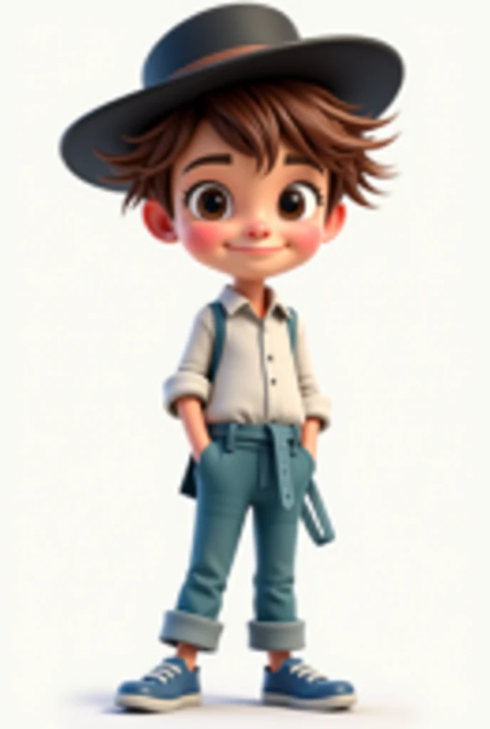 White age boy with messy brown hair, wearing a black hat, black eyes, a white blouse with a long sleeve up to the elbow with a garter that is tied around his pants in a light blue color and with blue sneakers
More animated design style 