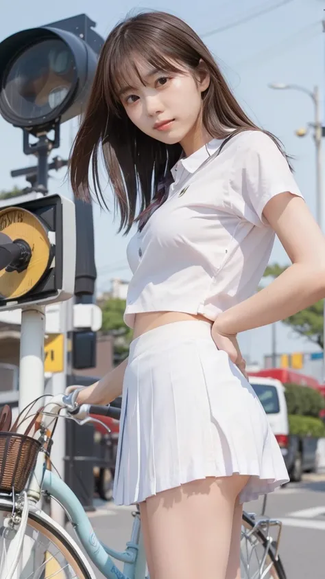 (straddles bike saddle、Japanese schoolgirl waiting at traffic light)、 Short-sleeved White Shirt 、 A person is behind the wheel 、can see her bra through her short cuff、 plaid mini skirt 、blonde long bob hair、 long hair、 straight hair 、smile、Stretch your leg...