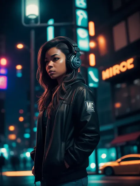 woman, absorbed in the rhythm of hip hop music, alone in the city at night, (1.3, Solo), Urban environment, (Headphones on:1.3), (Detailed sad face:1.2), Sad expression, Dressed casually, (Color dark palette: 1.3), cityscape background, buildings illuminat...