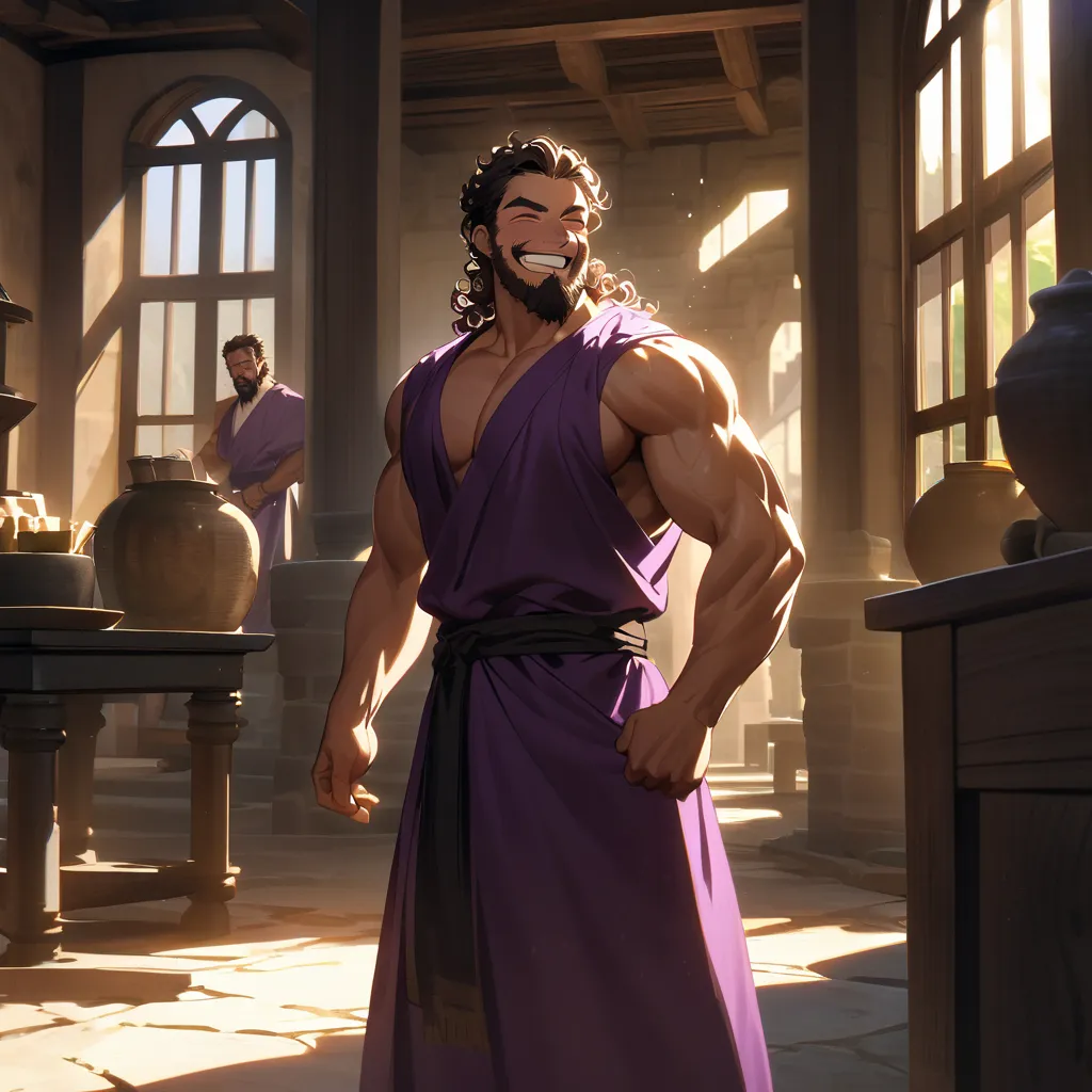 Roman clothing, purple tunic,Stone House,Greek house,A man with muscular, short perm hair and a short beard,laughs