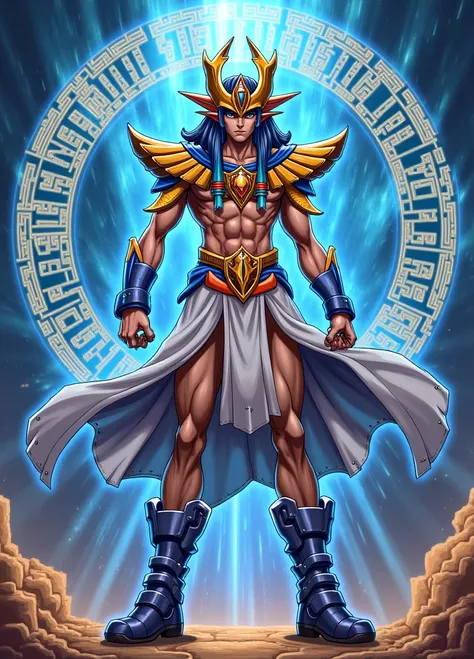 YU-GI-OH carte monstre, le magicien de lumière dans un style de peinture anime Yu-gi-oh duel Monster , anime YU-GI-OH Duel monster, image détaillée, homme, teint égyptien, cinq doigts à chaque main.