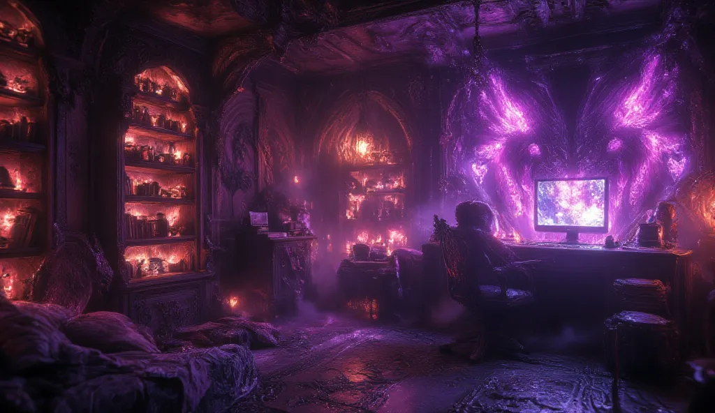 A high-resolution digital image of a bedroom with a wooden bookshelf and a wooden desk, a desk made of wood and a computer placed inside the bedroom and with a glowing purple face clip placed in cyberpunk style, 3D animation, the elements are all neon.