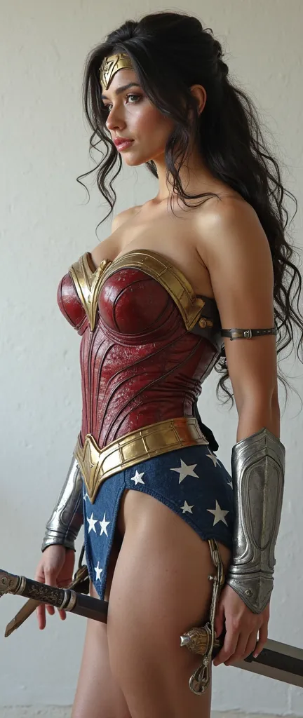 live action、cute Japanese wonder woman in her 20s、  Hair, big breasts、big butt、 Perfect Costume for Wonder Woman、I have a sword and shield
Armpits are visible

The background is a white wall、  depicts the whole body、Long Shots